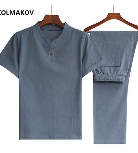 (Shirt + Trousers) 2022 Summer Men Shirt Man Cotton and Linen Shirts Short Sleeve Men'S Fashion Casual Shirts Men Size M-5XL
