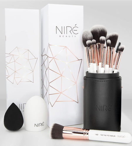 Beauty White 15Piece Award Winning Professional Makeup Brush Set: Vegan Makeup Brushes with Case, Makeup Sponge, Cleaner, Guide, Gift Box