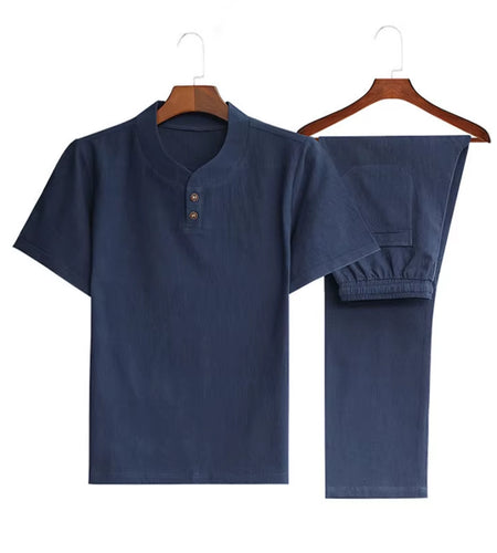 (Shirt + Trousers) 2022 Summer Men Shirt Man Cotton and Linen Shirts Short Sleeve Men'S Fashion Casual Shirts Men Size M-5XL