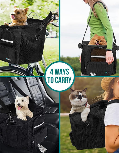 Load image into Gallery viewer, Dog Bike Basket, Soft-Sided Ventilated Dog Bike Carrier Backpack, Pet Bicycle Basket for Bike Handlebar, Small Medium Puppy Cat Kitten Car Booster Seat with Safety Strap, Max 18 Lbs, Black
