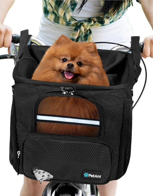 Load image into Gallery viewer, Dog Bike Basket, Soft-Sided Ventilated Dog Bike Carrier Backpack, Pet Bicycle Basket for Bike Handlebar, Small Medium Puppy Cat Kitten Car Booster Seat with Safety Strap, Max 18 Lbs, Black
