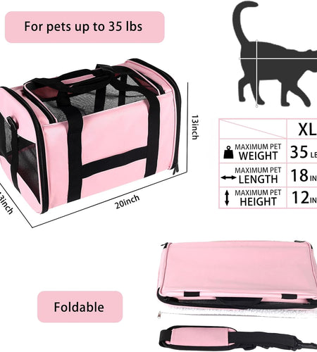 Cat Carrier Large Dog Cat Carriers Puppies up to 30Lbs, Big Dog Carrier Soft Sided, Collapsible Travel Puppy Carrier (X-Large, Pink)