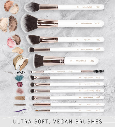 Beauty White 15Piece Award Winning Professional Makeup Brush Set: Vegan Makeup Brushes with Case, Makeup Sponge, Cleaner, Guide, Gift Box