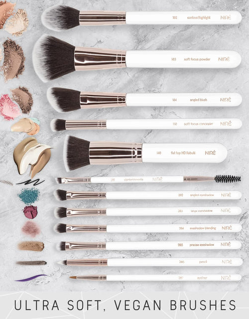 Load image into Gallery viewer, Beauty White 15Piece Award Winning Professional Makeup Brush Set: Vegan Makeup Brushes with Case, Makeup Sponge, Cleaner, Guide, Gift Box
