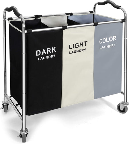 240L 3-Bag Laundry Hamper Basket Sorter Cart, 16 X 30 X 35 Inch Heavy Duty Rolling Wheels with Break for Dirty Clothes Storage Baskets Bin