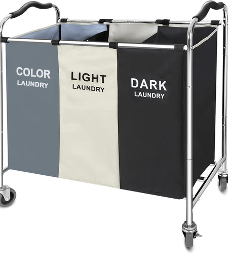 240L 3-Bag Laundry Hamper Basket Sorter Cart, 16 X 30 X 35 Inch Heavy Duty Rolling Wheels with Break for Dirty Clothes Storage Baskets Bin